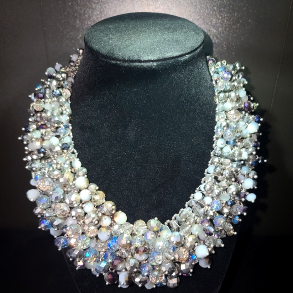 Silver and blue statement beaded necklace
